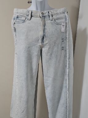 Light Wash Frayed Side Seam Wide Leg Jeans, Size US 14